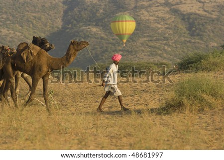 PUSHKAR, INDIA - NOVEMBER 7: Tribal man leading a group of camels across the desert watched by tourists in a hot air balloon on November 7, 2008 at the annual camel fair in Pushkar, Rajasthan, India.