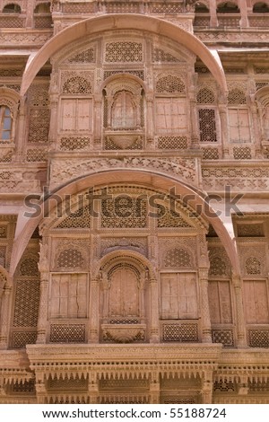 Ornate window of a traditional rajput palace inside Meherangarh Fort , Jodhpur, Rajasthan, India