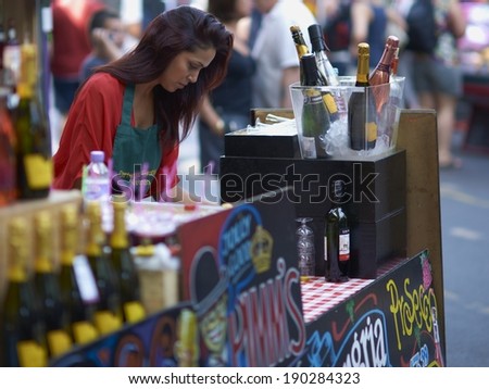 LONDON, UNITED KINGDOM - AUGUST 11, 2012: Market stall selling drinks at Borough Market in London, England