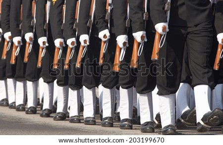 Sailors of the Indian Navy marching in step at the annual Republic Day Parade in Delhi, India