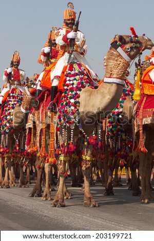 NEW DELHI, INDIA - JANUARY 23, 2008: Soldiers of the Indian Border Security Force riding their camels down the Raj Path in preparation for the annual Republic Day Parade