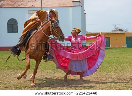 TRUJILLO, PERU - SEPTEMBER 1, 2014: Lady in pink dress dancing a traditional folk dance with a Peruvian Paso horse in Trujillo, Peru