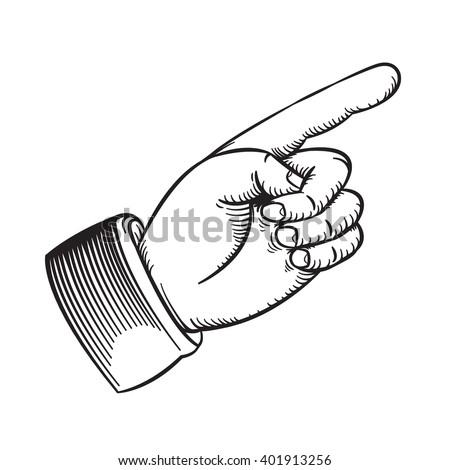 Vector drawing of a / Vintage finger pointing Line drawing / Easy to edit groups, easy to add your own colour to white shape layers. Object isolated