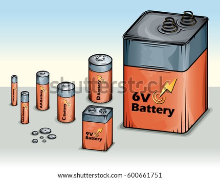Vector drawing of / Battery Types / Various batteries all editable in groups and easy to select and use labeled layers. No meshes or effects used