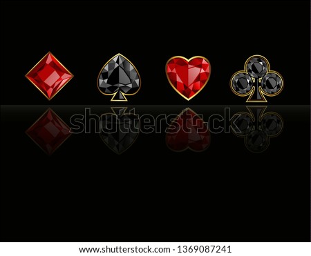 Four casino signs. Hearts, diamonds, clubs and spades on black backgroung with reflection. Vector illustration.