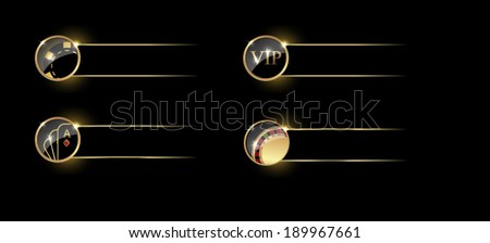 Set of four casino themed navigation panels on black background. Cards, roulette, VIP ang chips signs on round button. Vector illustration. 