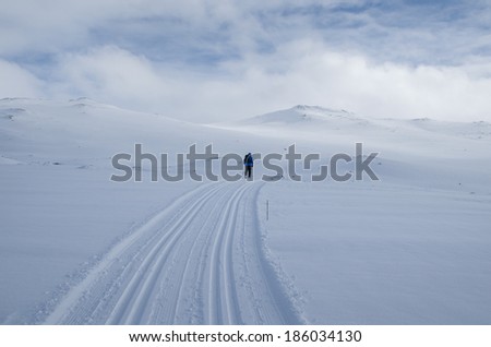 Winter landscape with person skiing and distant mountains