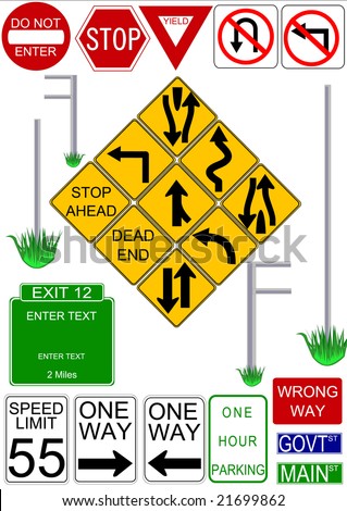 Vector traffic signs with illustrated vector post to 'install' them on.  Text can be edited or removed on all signs.