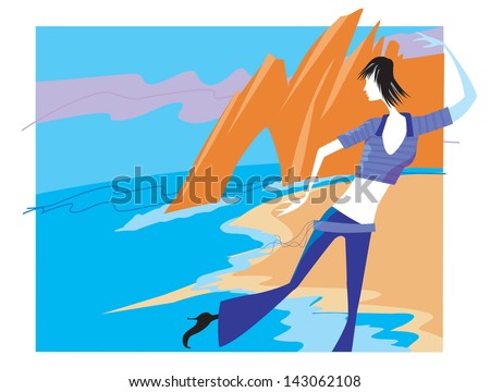 Young woman dancing on the beach. Young woman dancing on the background of a sea landscape.