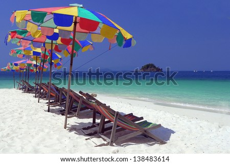 Camp Bed under colorful umbrella on the beach, Khai Island, Phang Nga, Phuket, Thailand