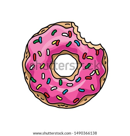 half-eaten cartoon donut with pink glaze. vector illustration 