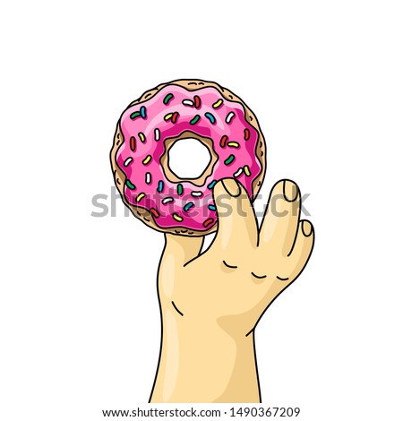 man holding cartoon donut with pink glaze. close up vector illustration 