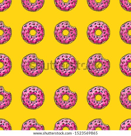 Donuts with pink glaze on yellow background. Seamless pattern. Texture for fabric, wrapping, wallpaper. Decorative print.