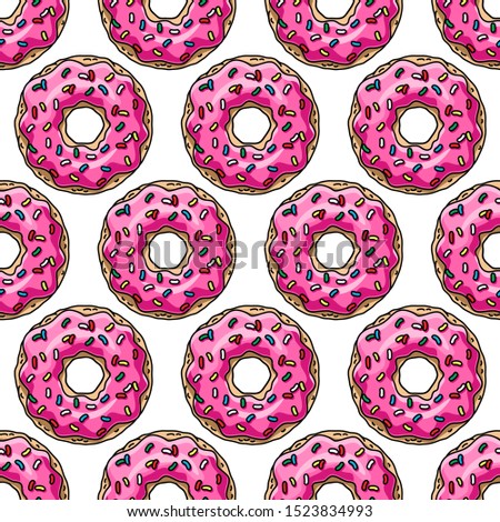 Cartoon donuts with pink glaze and colored sprinkles on white background. Seamless pattern. Texture for fabric, wrapping, wallpaper. Decorative print.