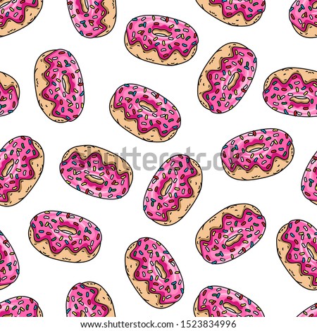 Cartoon donuts with pink glaze and colored sprinkles on white background. Seamless pattern. Texture for fabric, wrapping, wallpaper. Decorative print.