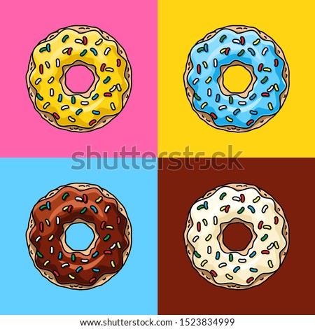 Donuts with chocolate, lemon, blue mint and white glaze and colored sprinkles.Vector illustration