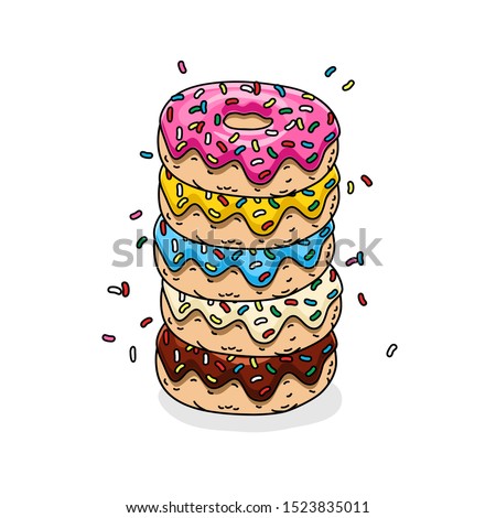 chocolate donut, donut with pink glaze, donuts with lemon, blue mint and white glaze and colored sprinkles.Vector illustration