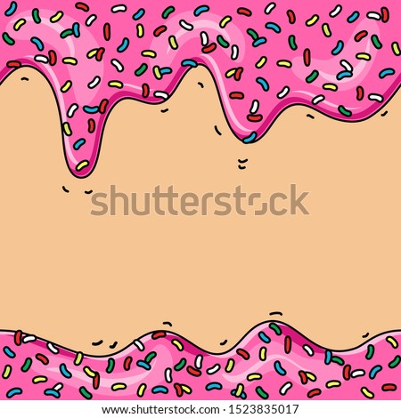 Cartoon pink glaze of donut. Splashes of colored glaze and colored sprinkles. Seamless pattern