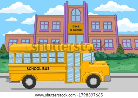 Back to school. Yellow school bus near the school building. Vector illustration in cartoon style, horizontal banner