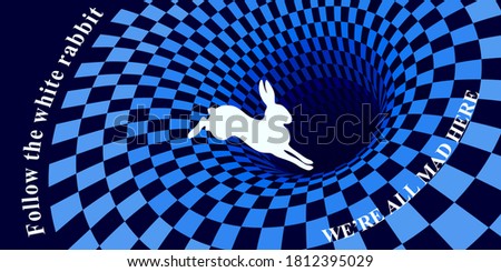 White rabbit runs and falls into a hole. Surreal chess background and lettering   we are all mad here, follow the white rabbit.