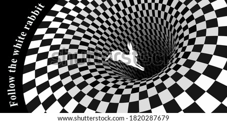 White rabbit runs and falls into a hole. Surreal chess background and lettering    follow the white rabbit.