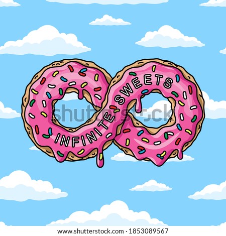 infinity cartoon donut with pink glaze against blue sky wish clouds. Mobius strip vector illustration 