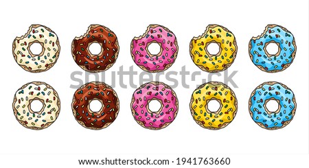 Donuts with chocolate, lemon, blue mint and white glaze and colored sprinkles.Vector illustration