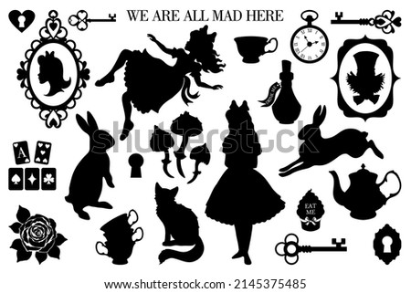 big set of vector illustrations of wonderland. black silhouettes Alice, rabbit, cat, mad hatter, key, tea cup, rose, mushrooms  and other isolated on a white background