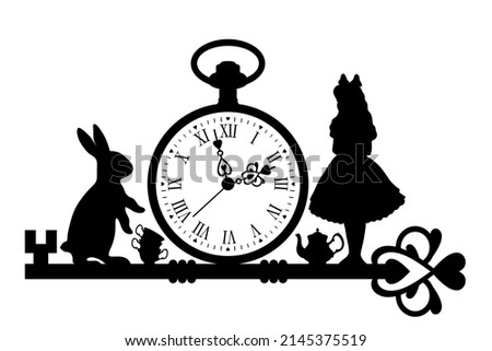 Tea time in Wonderland. White rabbit and Alice . vector illustration, black silhouettes isolated on a white background
