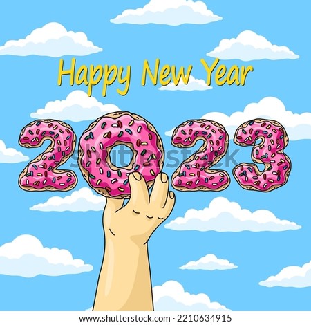 Sweet New Year 2023 from donuts, man holding cartoon donut with pink glaze against blue sky wish clouds.