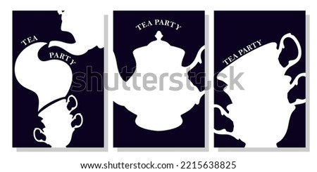 Set of  wonderland vector card. Mad tea party. White silhouettes  tea cups and teapot  on black background