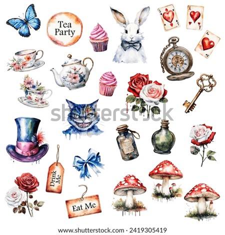 Big set of Wonderland vector illustrations.  Watercolor white rabbit, cat,  hat, key, clock, tea cup, rose, mushrooms  and other isolated on a white background