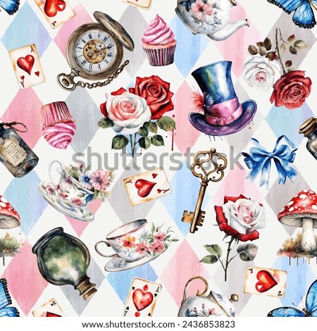 Watercolor rose, key, clock, tea cup, hat, cards, mushrooms  on checkered background. Wonderland seamless pattern, vector illustration.  Texture for fabric, wrapping, wallpaper, print