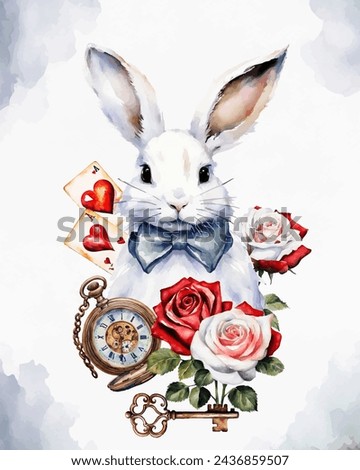 Wonderland poster, banner, greeting card.  Watercolor white rabbit,key, clock, cards, red and white roses on  white watercolor background. Vector illustrations