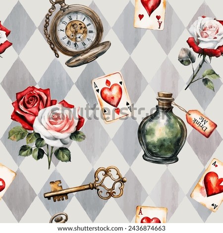 Wonderland watercolor seamless pattern. Red and white roses, key, clock, cards, poison on watercolor checkered background. Vector illustration.  Texture for fabric, wrapping, wallpaper, print