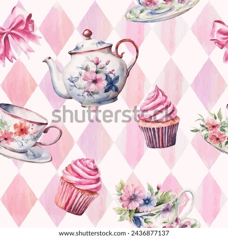 Wonderland seamless pattern of tea party. Watercolor tea cup, teapot, flowers, cakes on pink watercolor checkered background. Vector illustration. Texture for fabric, wrapping, wallpaper, print