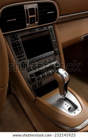 Automatic transmission gear shift. Car interior.