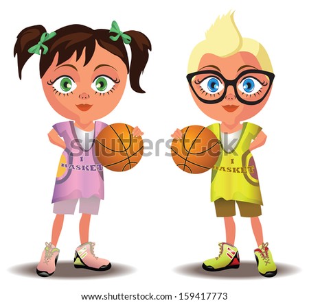 illustrtation of a boy and a girl holding basketballs