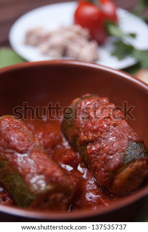 Zucchini stuffed with tuna, A typical dish of traditional Roman and Italian cuisine made from zucchini, tuna, bread crumbs and tomato sauce