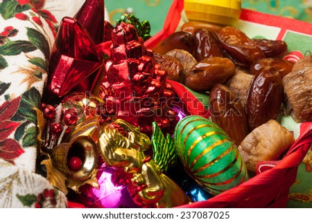 Dry figs and dates with Christmas decorations