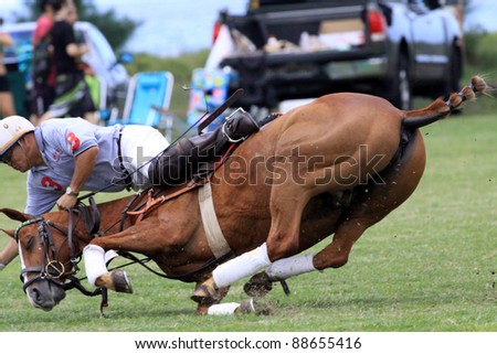 HAWAII - MAY 15: Raymond Lum takes a fall during a polo match at Mokuleia Polo Field May 15, 2011 at Mokuleia, Hawaii.