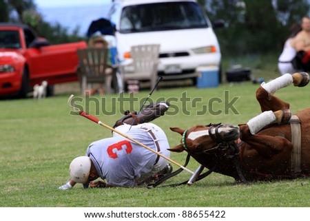 HAWAII - MAY 15: Raymond Lum takes a fall during a polo match at Mokuleia Polo Field May 15, 2011 at Mokuleia, Hawaii.