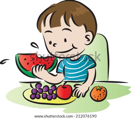 Boy Eating Fruits Stock Vector Illustration 212076190 : Shutterstock