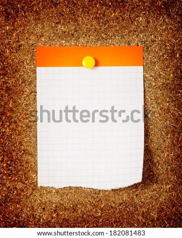 Checked note paper on a cork board. Closeup