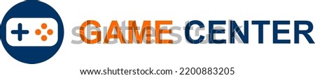 
Game center, vector. Gamepad logo and inscription game center in orange and blue on a white background.