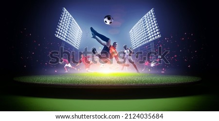 Similar – Image, Stock Photo Soccer player shooting goal, shadowy at night on illuminated sports field through fence
