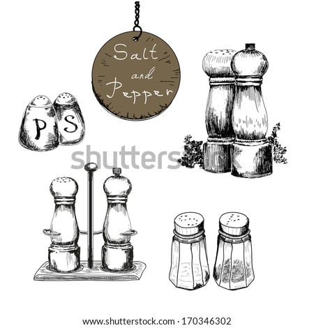 Salt and pepper. Set of vector hand drawn illustrations