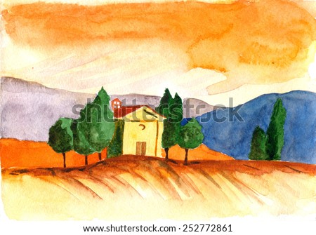 Italy Tuscany. Hand drawn watercolor painting landscape
