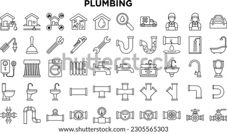 Set line icons of plumbing service and store. Contains such Icons as Leaking Washing Machine, Water Heater, Tool Box and more. Editable Stroke.