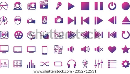 play button and multimedia icon set. audiovisual equipment photo video music 3d virtual media entertaiment.